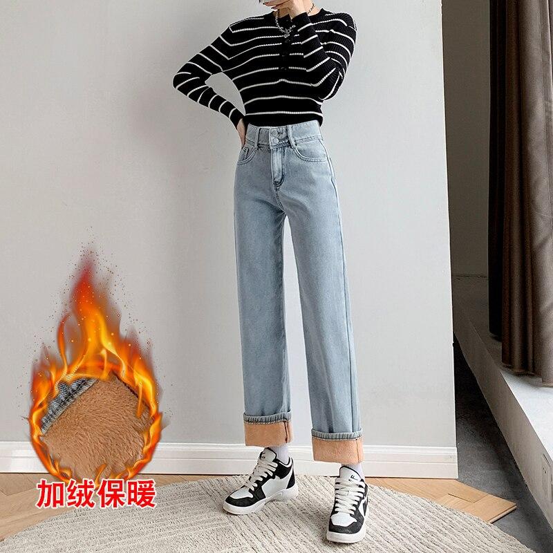 Винтажные женские джинсы с высокой талией, зимние толстые теплые уличные джинсы, широкие джинсы, женские джинсовые брюки, прямые мешковатые джинсовые брюки для мам