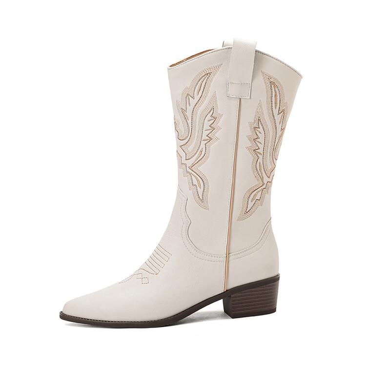 Модные женские ботинки из спилковой кожи на осень-зиму, модные вышитые ботинки с острым носком для женщин, ботинки до середины икры, ботильоны женские, рыцарские ботинки