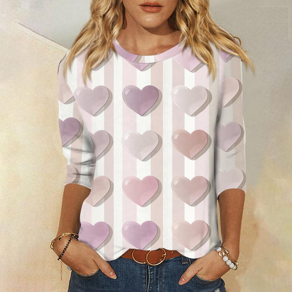Женская мода, повседневная свободная футболка с принтом на День святого Валентина и круглым вырезом, рукав 3/4, женский топ