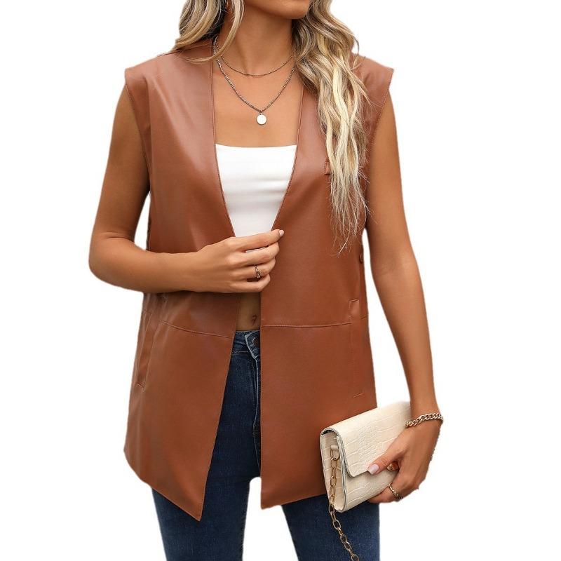 ПУ жилет пальто однотонный камзол женские жилеты из искусственной кожи летний модный тренд без рукавов кардиган жилеты топ