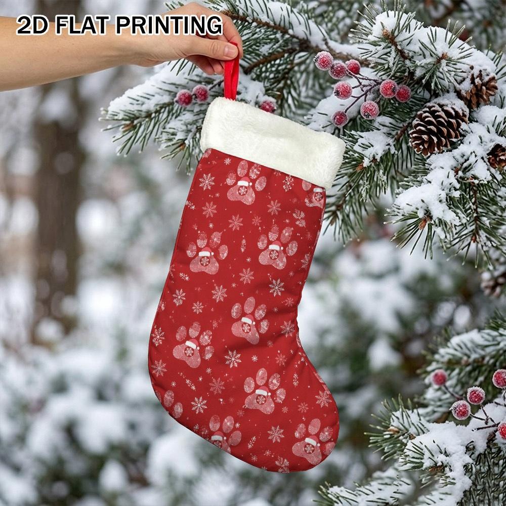 Christmas decoration fireplace hanging stocking 2D Flat Printing 1pc Christmas Paw And Snowflakes Polyester Christmas St