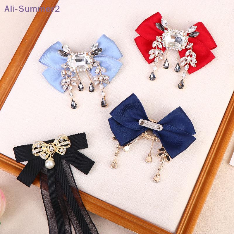 {Summer2} New Fabric Bowknot Brooches Rhinestone Tassel Bow Tie Female Shirt Collar Pin Vintage Corsage For Women Accessories