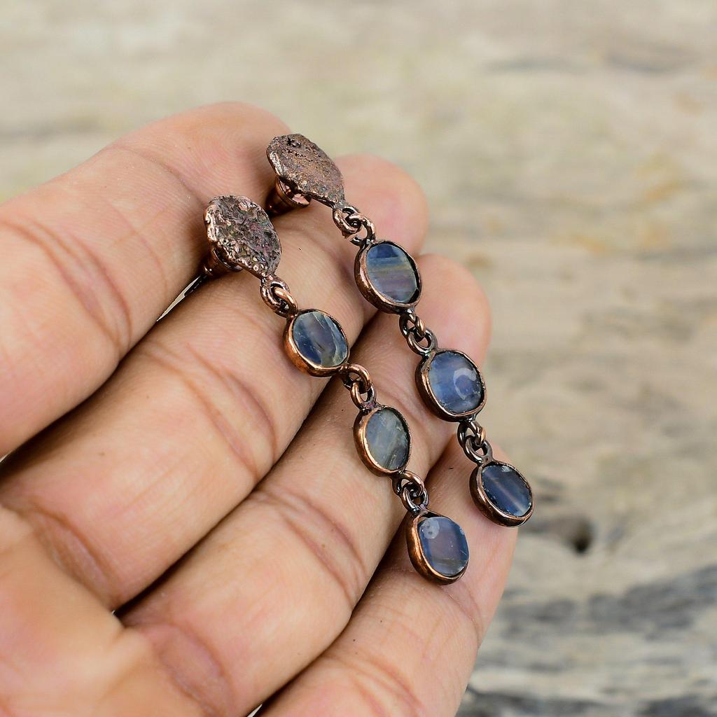 Серьги с кианитом, серьги из гальванической меди, ювелирные изделия ручной работы с кианитом, серьги из настоящего драгоценного камня, серьги из гальванической меди, ювелирные изделия, серьги для подарка