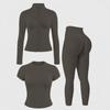 Womens Seamless Yoga 3-Piece Set: Short Top Legging Pants Long Sleeve Jacket - High Elasticity Butt Lifting To Winter