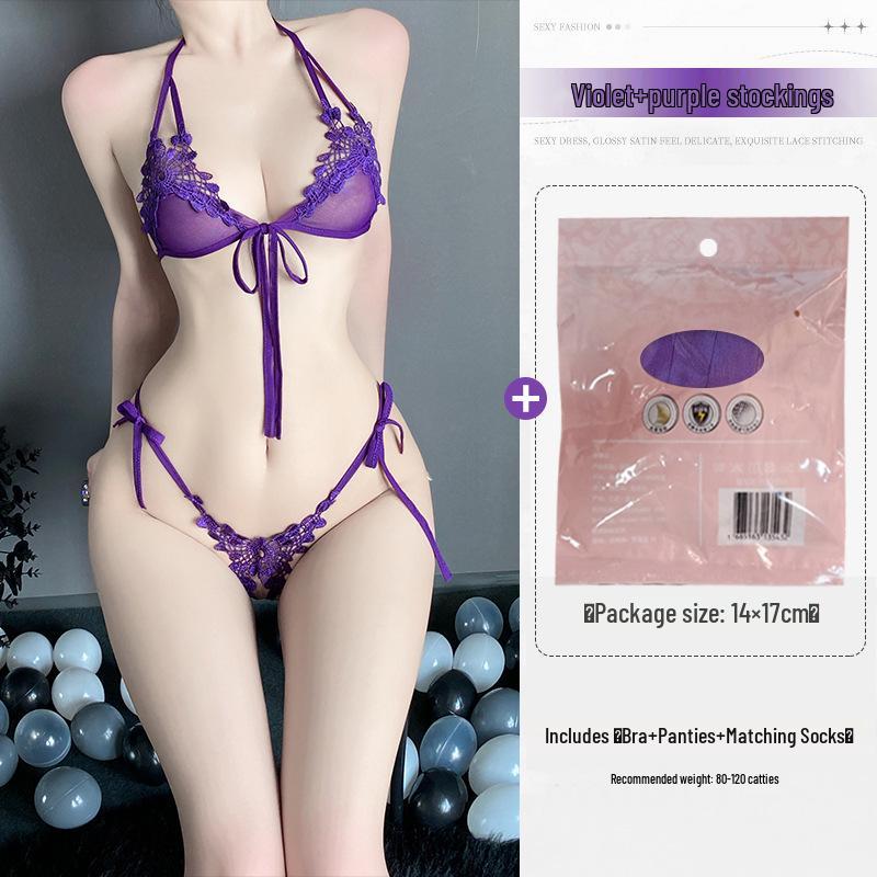 Кружевной комплект нижнего белья из трех предметов: Соблазнительный дизайн с открытой промежностью для маленькой груди