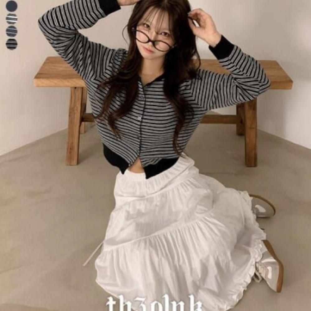 The Pink Solid Color Block Stripe Knit Cardigan