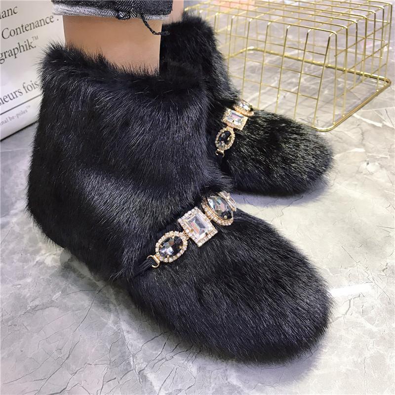Fashion Women Mink Fur Flat Casual Shoes Ankle Winter Warm Snow Boots Crystal Decor Outside Footwear Short Boots Black