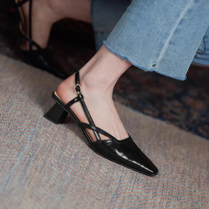 2024 Весна Лето Женские Сандалии Элегантные Лаконичные Офисные Дамы Квадратный Носок Высокие Каблуки Туфли Из Натуральной Кожи Женские Туфли-Лодочки