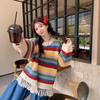 Women's Oversized Rainbow Striped Tassel Sweater - Long Sleeve, Round Neck, Autumn/Winter Style