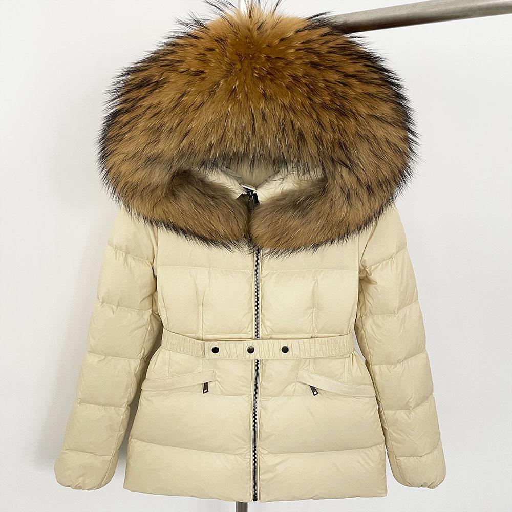 OFTBUY 2024 Winter Jacket Women Natural Real Raccoon Fox Fur Collar Hooded White Duck Down Coat Belt Thick Warm Casual Outerwear