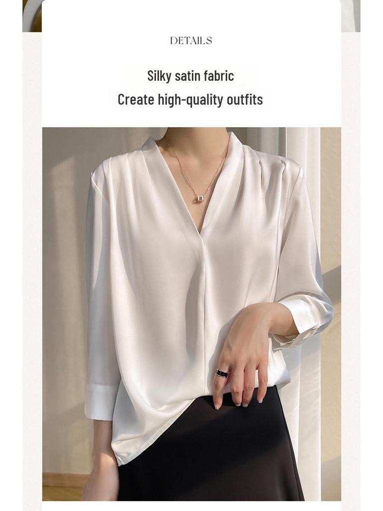 Женский атласный топ с V-образным вырезом и длинными рукавами, летний