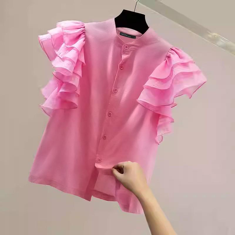 ZANZEA Женская модная свободная рубашка без рукавов с воротником-стойкой и рюшами