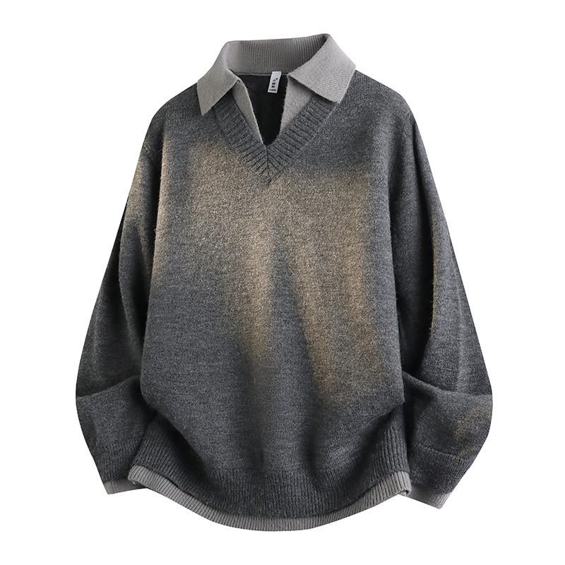 Mens Oversized Knit Sweater 2026 Fall Thick Warm Layered Look Collar Pullover Streetwear Casual Grey Khaki