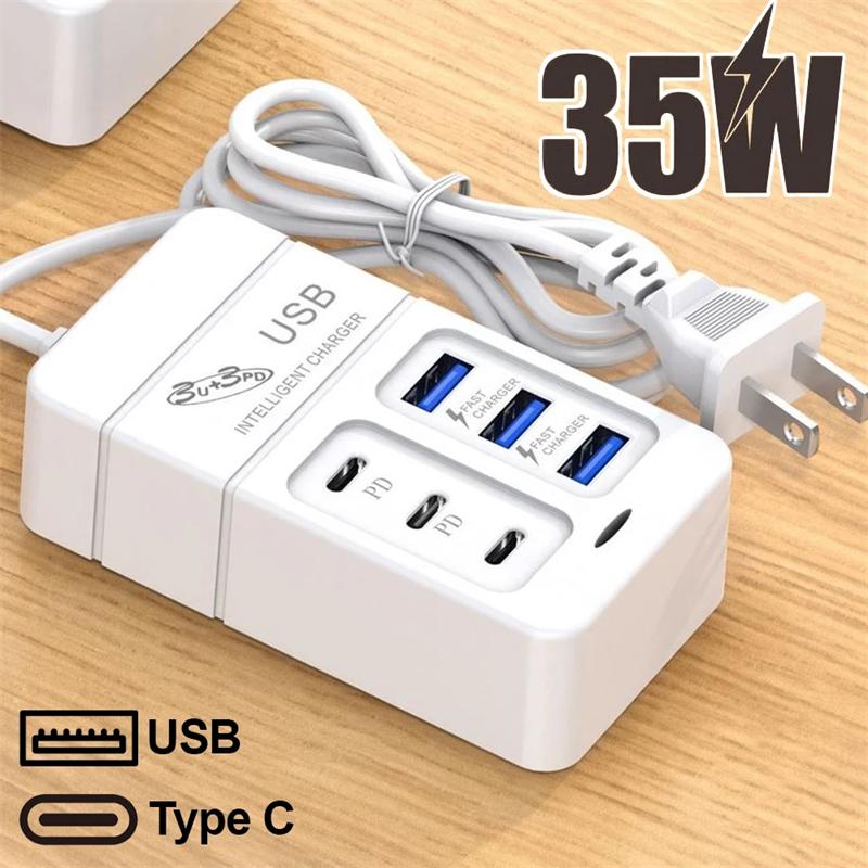 PD 35W Type C USB 6 портов удлинитель зарядная станция быстрая зарядка штекер адаптер USB A телефон настенное зарядное устройство для iPhone Samsung