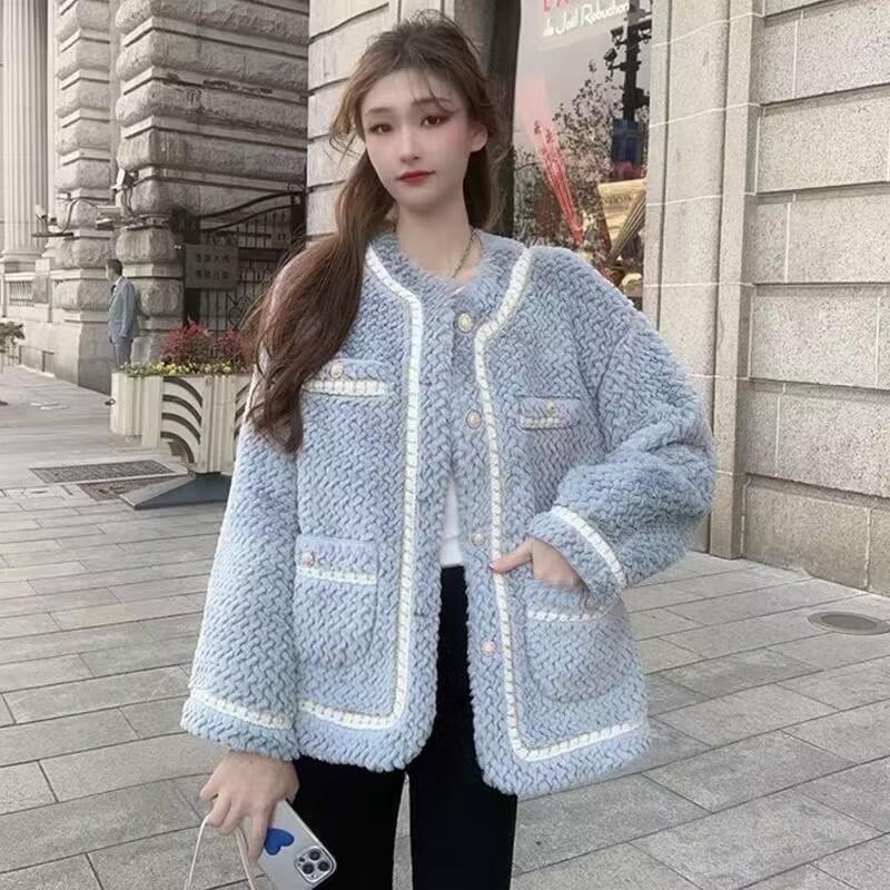 Новая корейская стильная маленькая дубленка из меха ягненка с легким ароматом для женщин, свободная, толстая, из искусственного меха, мех, мех, цельная верхняя одежда