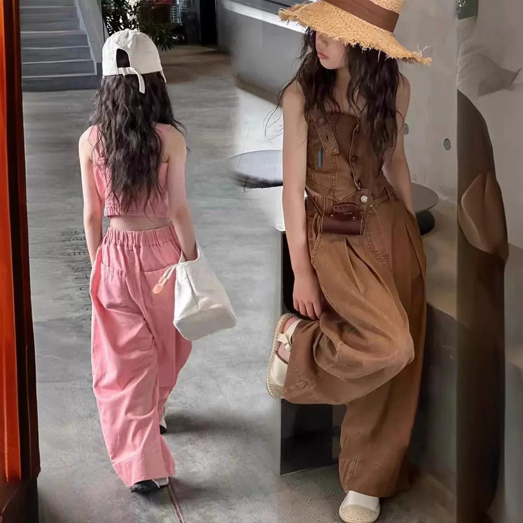 Girls Summer Solid Color Personality Denim Suit Middle and Large Children Single-breasted Short Suspenders + Straight Pants Casual Two-piece Set