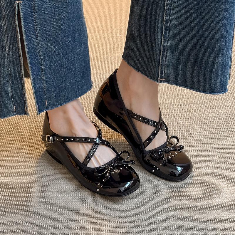 Fashion 2025 Spring Autumn Round Toe Bow Leather MaryJane Flats New Fashion Cross Strap Shoes Shallow Mouth Solid Color Women's Loafers