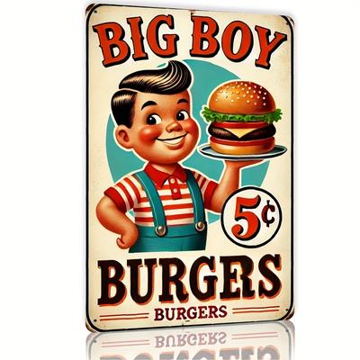 Big Boy Burgers Ретро Стиль Металлическая Настенная Арт-Вывеска Декор Дайнера с Классической Иллюстрацией Burger Boy Легко Повесить Прочный