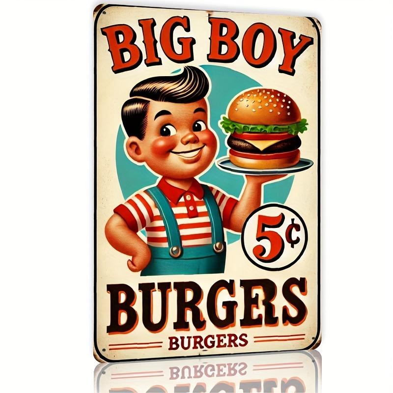 Big Boy Burgers Ретро Стиль Металлическая Настенная Арт-Вывеска Декор Дайнера с Классической Иллюстрацией Burger Boy Легко Повесить Прочный