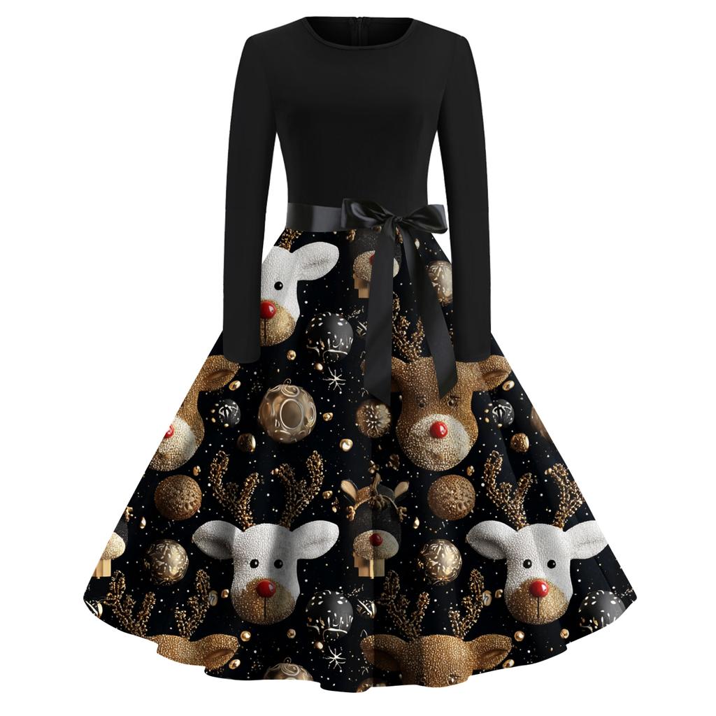 Женское модное повседневное платье с круглым вырезом, рождественским принтом и длинными рукавами