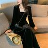Long Sleeve Velvet Dress Women's Autumn Temperament Long Dress Square Neck Small Black Dress New
