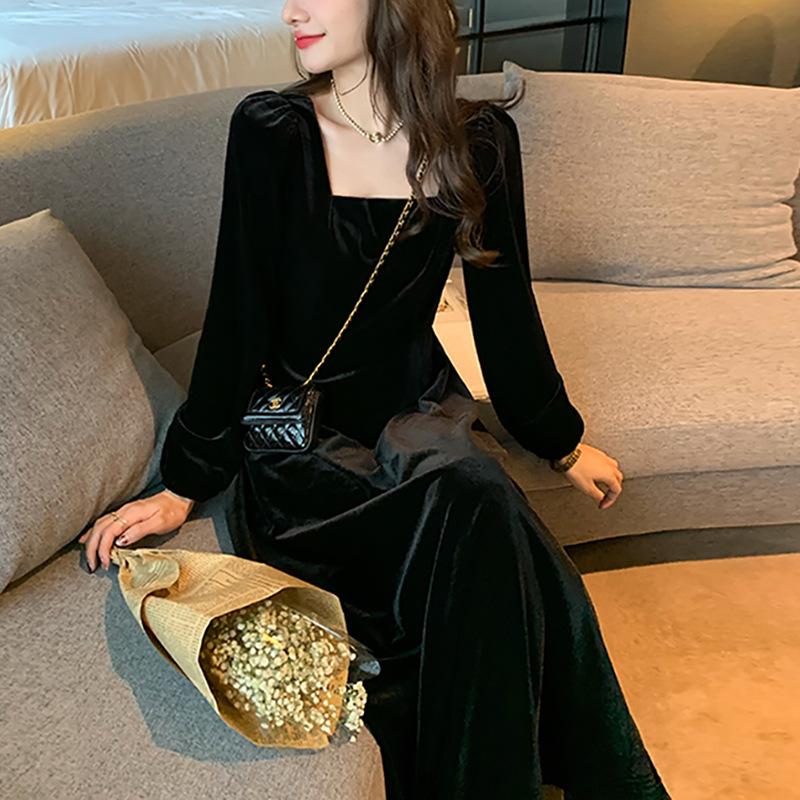 Long Sleeve Velvet Dress Women's Autumn Temperament Long Dress Square Neck Small Black Dress New