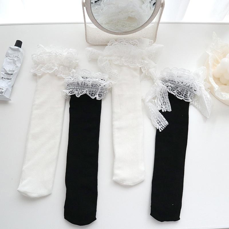 Женские носки однотонные черные белые носки с кружевом в стиле Лолиты с оборками и бантом средней длины мягкие повседневные носки Kawai Sox для девочек в корейском стиле