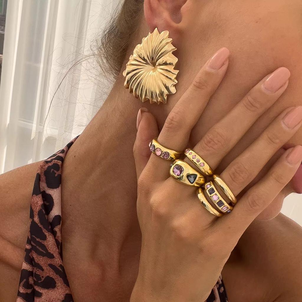 Salircon Exquisite 6Pcs/set Inlaid Purple zircon Adjustable Opening Ring Women Smooth Gold Color Ring Female Daily Jewelry Gift