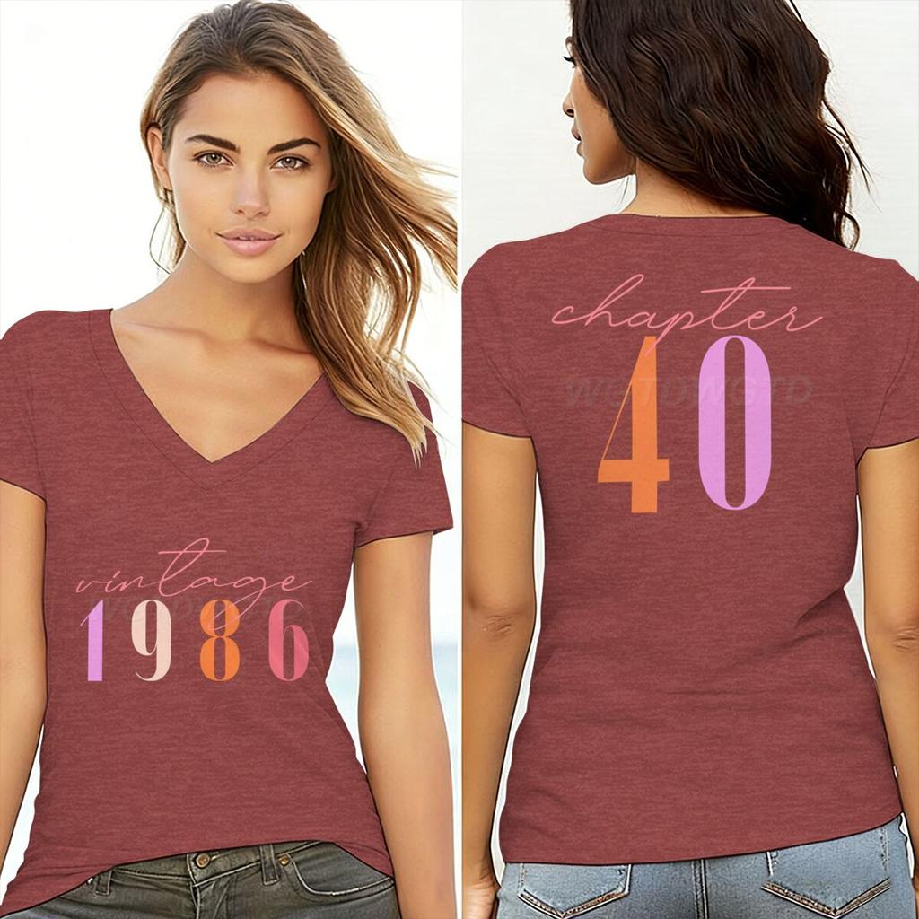 Unisexs 40th Birthday Short Sleeve Graphic Tee Vintage 1986 Chapter 40 DoubleSided Print V Neck TShirt Chapter 40 Classic Tops