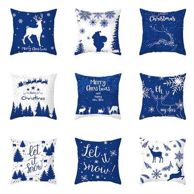Синяя рождественская наволочка для декоративной подушки с принтом оленя и снежинки, короткий плюш, для гостиной, дивана, наволочки