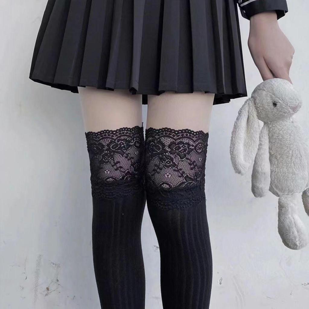Женские чулки выше колена в стиле Лолита, черно-белое кружево