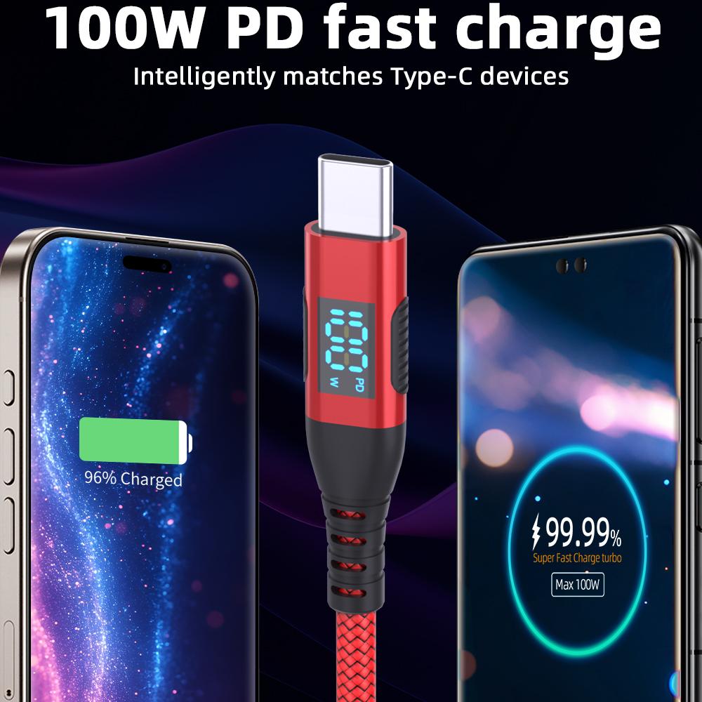 2m USB-C to USB-C Cable 100W 5A/20V Nylon Braided Phone Tablet Fast Charging Digital Display Cord