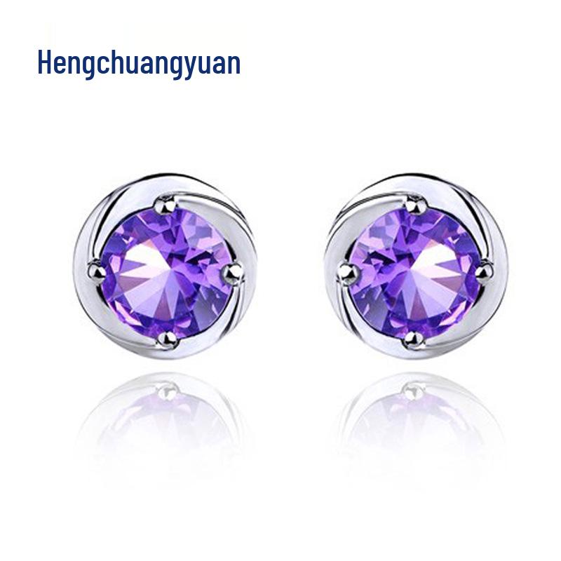 925 Sterling Silver Four-Pronged Purple Amethyst Stud Earrings for European & American Markets