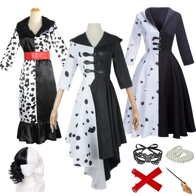 Cruella De Vil Cosplay Costume Women's Dalmatian Black and White Costume Dress With Gloves Skirt Wigs Outfits Halloween Party