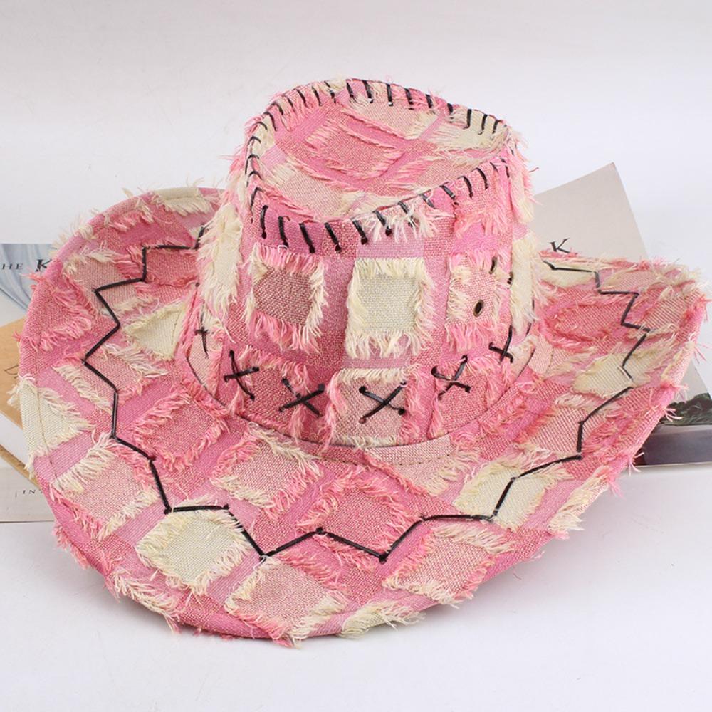 Adjustable Wide Brim Sun Hat Y2k Plaid Knight Hat Vintage Western Cowboy Hat for Male Female