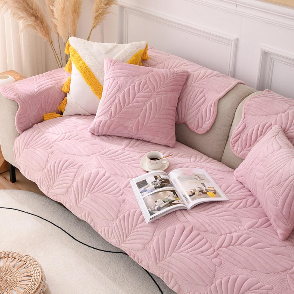 Practical Milk Velvet Leaf Pattern Sofa Cover Nordic Style Non-slip Couch Cover Washable Warm Sofa Mat Winter
