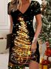 Fashion Women's V Neck Short Sleeve  Christmas Snowman Printed  Dress Sex Short Skirt Dresses