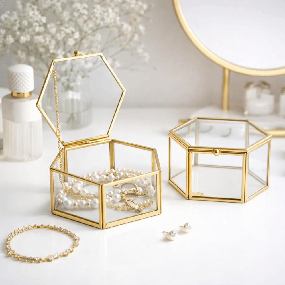 Accessories Storage Hexagon Glass Storage Box with Lid Transparent Display Case Jewelry Organizer Accessories Display
