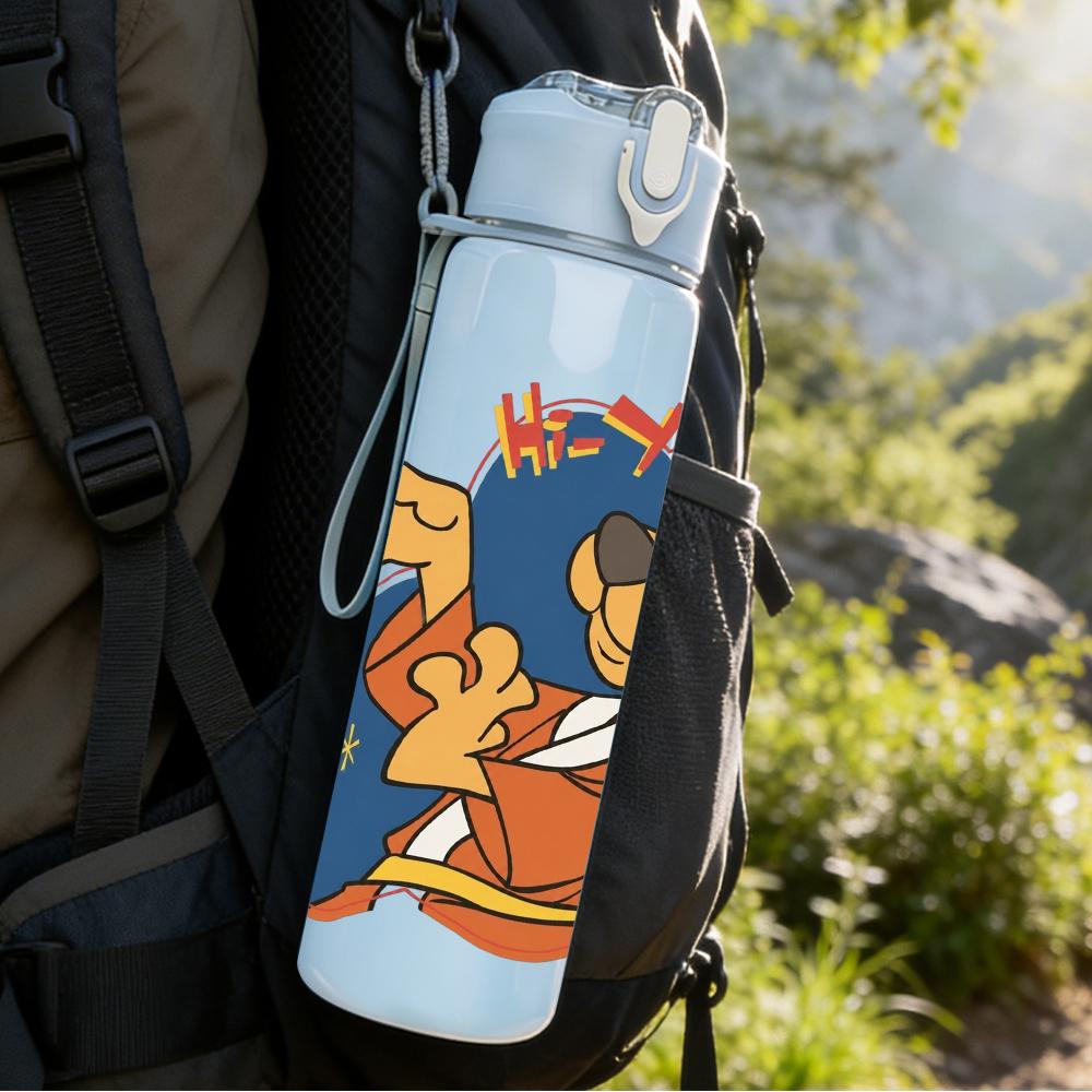 1PC Retro Bear Cartoon Character Print 750ml Portable Sports Water Bottle Leakproof Travel Gym Drink Cup
