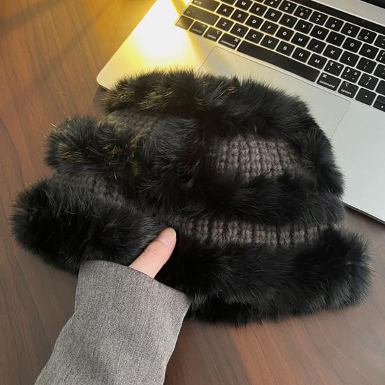Women Fisherman Hat Imitation Rabbit Fur Decor Autumn Winter Windproof Warm Dome Soft Knitting Basin