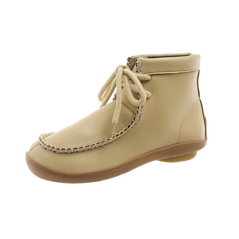 Women's Solid-color Flock Flat Boots Leisure Lace Up Soft Sole Shoes Boats Comfortable Lightweight Non Slip Ankle Boots