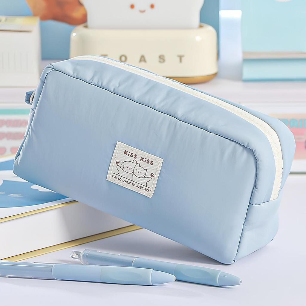 1pcs Kiss Cream Pencil Case Pen Bag Cute Cartoon Dog & Cat Simple Design Large Capacity Japanese Style Storage Pouch