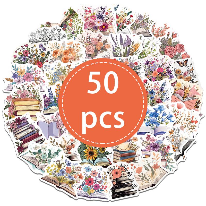 50PCS Aesthetic Book Flower Stickers Floral Graffiti Decals Waterproof Vinyl for Water Bottles Laptops Bumpers Phones Luggage