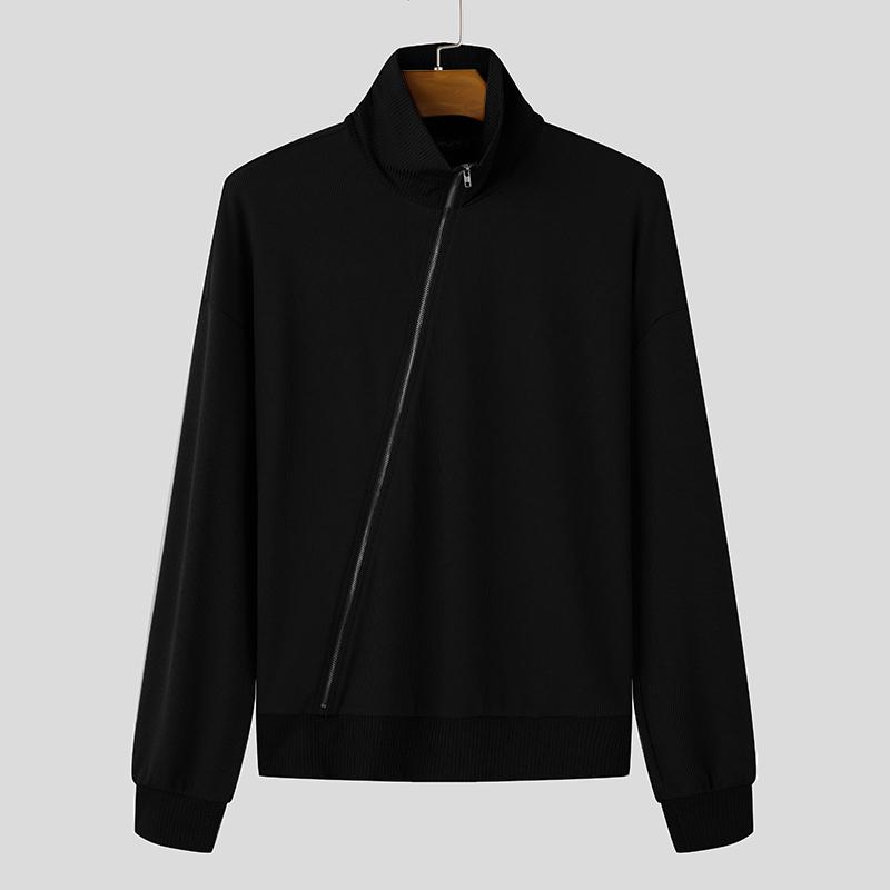 INCERUN Мужские футболки с длинным рукавом и застежкой-молнией в рубчик, повседневные водолазки