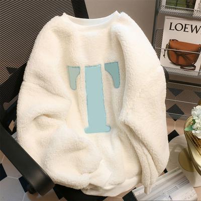 Толстовка для женщин осень зима хлопок свободный большой флис утолщенный удобный круглый вырез повседневный пуловер плюшевая толстовка