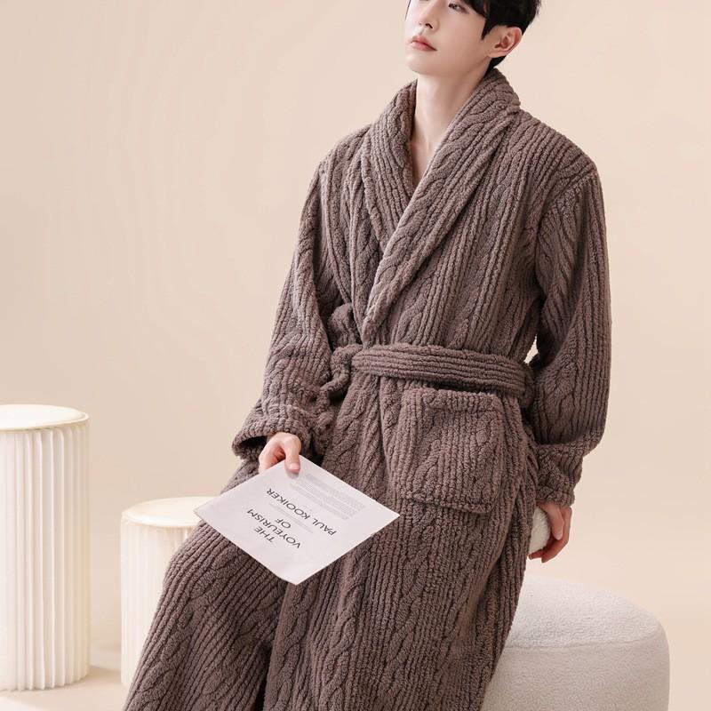Mens Coral Fleece Bathrobe Winter Warm Long Robe Teens Adults
