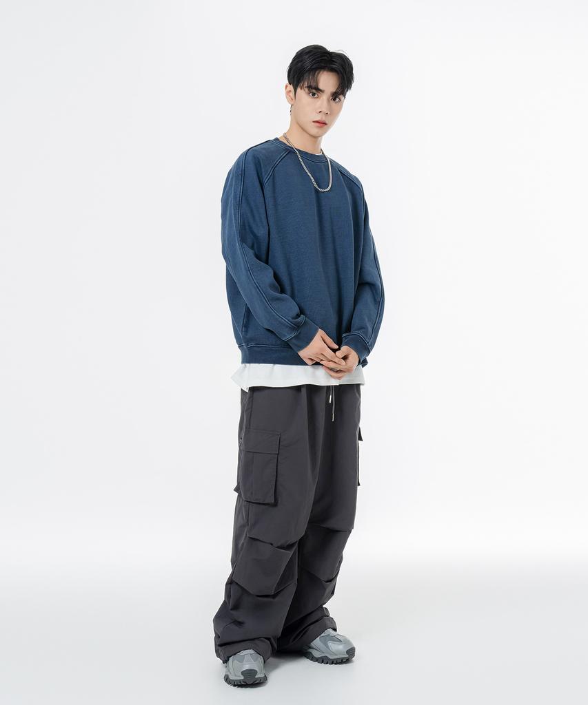 MOZMOZ Heavy Weight Pigment Raglan Back Slit Oversized Sweatshirt Blue