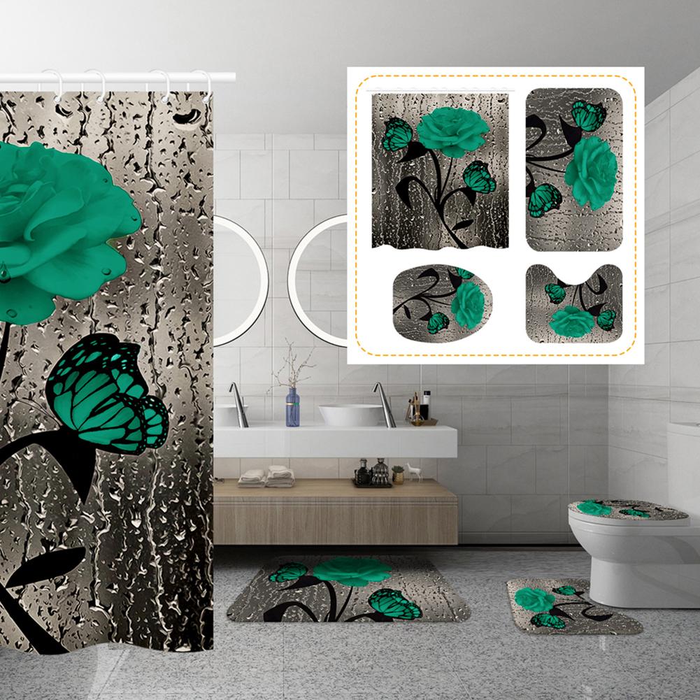 Комплект из 4 цветочных занавесок для душа с нескользящими ковриками, крышкой для унитаза и ковриком для ванной, черная занавеска для душа, водонепроницаемый декор для ванной комнаты