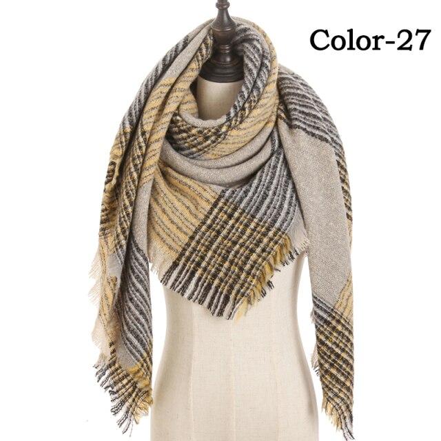 Новинка 2020 года, зимний вязаный шарф, кашемир, пашмина, женские теплые шейные шарфы, шали, клетчатые накидки, треугольные палантины, женская бандана
