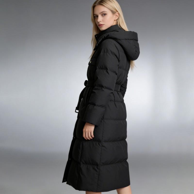 Womens Long Winter Down Coat With Hood Slim Fit White Duck Puffer Jacket Cold Weather